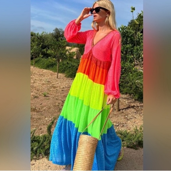 Pitusa Multicolor Maxi Dress - Pink, Orange, Green, Blue Long Sleeves V-Neck - Picture 1 of 11